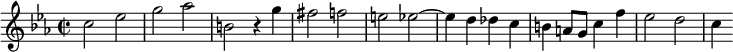 
\relative c'{
\set Staff.midiInstrument=harpsichord
\clef treble
\key c \minor
\time 2/2
\tempo 2=65
\once \override Score.MetronomeMark #'stencil = ##f
c'2 ees g aes b, r4 g' fis2 f e ees~ ees4 d des c b a8 g c4 f ees2 d c4
}