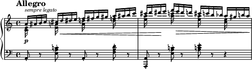 
\new PianoStaff <<
\new Staff = "Up" \with { \magnifyStaff #2/3 } <<
\new Voice \relative c' {
\clef treble
\tempo "Allegro"

\set Score.tempoHideNote = ##t \tempo 4 = 144

\key a \minor
\time 4/4
\stemUp
a'16^\markup{\italic sempre \italic legato} ais b c cis d \< dis e f fis g gis a ais b c cis d dis \! e f e \> dis d cis c b bes a gis b a \!
}
\new Voice \relative c' {
\stemDown
<c e>16 \p s s s <e a> s s s <a d> s s s <d f> s s s <e a> s s s <a c> s s s <e a> s s s <c e > s s s
}
>>
\new Staff = "Down" \with { \magnifyStaff #2/3 } \relative c {
\clef bass
\time 4/4
\key a \minor
a8-. r <e' a c!>-. r a,-. r <f' a d>-. r <a,, a'>-. r <e'' a c!>-. r <a c! e>-. r r4
}
>>
