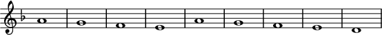 
\version "2.14.2"
\header {
  tagline = ##f
}

\score {
  \new Staff \with {
    \remove "Time_signature_engraver"

  }
<<
  \relative c'' {
    \key f \major
    \clef treble
    \time 2/2
    \tempo 2 = 120
    \override TupletBracket #'bracket-visibility = ##f 
    \autoBeamOff
    \set Staff.midiInstrument = #"harpsichord"

     %%%%%%%%%%%%%%%%%%%%%%%%%% Romanesca mélodique
     a1 g f e a g f e d \bar ".|"
  }
>>
  \layout {
    \context { \Score \remove "Metronome_mark_engraver" }
    \context {
      \remove "Metronome_mark_engraver"
    }
  }
  \midi {}
}
