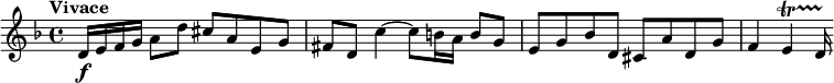 
    \relative c' {
        \time 4/4 \clef treble
        \key d \minor
        \tempo "Vivace"
        d16 \f e f g a8 d cis a e g
        fis d c'4~ c8 b16 a b8 g
        e g bes d, cis a' d, g
        f4 e \startTrillSpan d16 \stopTrillSpan
    }
