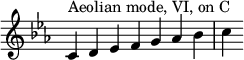 
{
\override Score.TimeSignature #'stencil = ##f
\key c \aeolian
\relative c' { 
  \clef treble 
  \time 7/4 c4^\markup { Aeolian mode, VI, on C } d es f g aes bes c
} }
