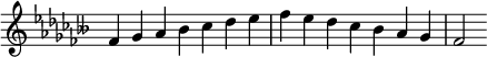   {
\override Score.TimeSignature #'stencil = ##f
\relative c' {
  \clef treble \key fes \major \time 7/4 fes4 ges aes beses ces des ees fes ees des ces beses aes ges fes2
} }
