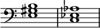 { \override Score.TimeSignature #'stencil = ##f \time 4/4 \clef bass <e gis b>1 <c ees aes> }