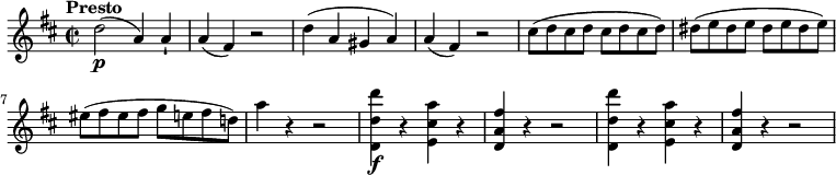 
 \relative c'' {
   \version "2.18.2"
   \key d \major
   \time 2/2
   \tempo "Presto"
   \tempo 4 = 200
    d2\p (a4) a-!
    a (fis) r2
    d'4 (a gis a)
    a (fis) r2
    cis'8 (d cis d cis d cis d)
    dis8 (e dis e dis e dis e)
    eis8 (fis eis fis g e fis d!)
    a'4 r4 r2
    <d,, d' d'>4\f r4 <e cis' a'> r4
    <d a' fis'> r4 r2
    <d d' d'>4 r4 <e cis' a'> r4
    <d a' fis'> r4 r2
 }
