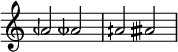  {
\override Score.TimeSignature
#'stencil = ##f
    \relative c'' {
        \time 4/4
        aeh2 aeseh
        aih aisih
    }  }
