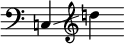 
     {
       \override SpacingSpanner.strict-note-spacing = ##t
       \set Score.proportionalNotationDuration = #(ly:make-moment 1/8)
       \clef bass \omit Score.TimeSignature
       \relative c{c!4 \glissando \clef treble d''!} 
     }
   