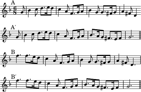 
\header { tagline = ""  }
\paper { line-width = 340\pt indent = 0 }
\layout { \context { \Score \omit BarNumber }}
\score {
\absolute \transpose c c' { \clef treble \key f \major \time 6/8 \partial 8
\mark "A"  g8 | bes4 c'8 d'8.[e'16 d'8] | c'4 a8 f8.[g16 a8] | bes4 g8 g8.[fis16 g8] a4 fis8 d4 
\bar "" \break
\mark "A′" g8 | bes4 c'8 d'8.[e'16 d'8] | c'4 a8 f8.[g16 a8] | bes8.[a16 g8] fis8.[e16 fis8] | g2.
\bar "||" \break
\mark "B" f'4. f'8.[e'16 d'8] | c'4 a8 f8.[g16 a8] | bes4 g8 g8.[fis16 g8] | a4 fis8 d4. |
\break
\mark "B′" f'4. f'8.[e'16 d'8] | c'4 a8 f8.[g16 a8] | bes8.[a16 g8] fis8.[e16 fis8] | g2. |
\bar "||"
} % transpose
} % score
