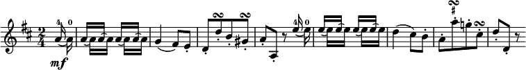  {
  \relative a' {
    \key d \major \time 2/4
    \partial 8 <<
      { \voiceOne \slurDown a16^4( \mf s) | a16[( s) \slurUp a]( s) \slurDown a[( s) \slurUp a]( s) }
      \new Voice { \voiceTwo s a16^0 | s16 a[ s a] s a[ s a]}
    >> \oneVoice g4( fis8) e-. | d8-.[ d'-. \turn b-. gis-.] \turn | a8-. a,-. r
    <<
      { \voiceOne \slurDown e''16^4( s) | e16[( s) \slurUp e]( s) \slurDown e[( s) \slurUp e]( s) }
      \new Voice { \voiceTwo s e16^0 | s16 e[ s e] s e[ s e]}
    >> \oneVoice d4( cis8) b-. | a8-.[ a'-. ^\markup { \column { \line { \hspace #0.37 \musicglyph #"scripts.turn" } { \vspace #-0.45 \fontsize #-4 \sharp } } }
    g!-. cis,-.] \turn | d8-. d,-. r
  }
}