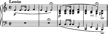 
\new PianoStaff <<
\new Staff = "Up" \with { \magnifyStaff #3/4 } <<
\new Voice \relative c' {

\clef treble
\key a \minor
\tempo "Lento"

\set Score.tempoHideNote = ##t \tempo 4 = 50

\time 2/2
e4 \p (e8. e16 e4 f e c \tempo 4=40 e2 \fermata) \tempo 4=50 <g, c e>4 \p ^(<g c e>8. <g c e>16 <g c e>4 <a c f> <g c e> <a c>_\markup{\italic rit.} \tempo 4=25 e'2 \fermata)
}
\new Voice \relative c'{
\stemDown
s1 s s s2 <g c>4 <gis d'>_\fermata
}
>>
\new Staff = "Down" \with { \magnifyStaff #3/4 } <<
\new Voice \relative c{
\clef bass
\key a \minor
R1 s4. r1 \fermata
}
\new Voice \relative c{
s1 s c4 (c8. c16 c4 f,4 c f c b4_\fermata) \bar "||"
}
>>
>>
