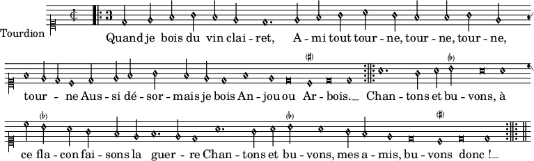 
\relative d' { 
  \defineBarLine ";||;" #'(";||;=" #f ";||;")
  \autoBeamOff
  \override NoteHead.style = #'petrucci
  \clef "mensural-c1"
  \key a \minor
  \set Score.tempoHideNote = ##t \tempo 1. = 136
  \set suggestAccidentals = ##t
  \override Staff.AccidentalSuggestion.font-size = #-4
  \override Staff.AccidentalSuggestion.parenthesized = ##t
  \override Staff.TimeSignature.style = #'mensural \time 2/2 \bar"|"
  \grace { s1 \bar "" s1 }
  \override Staff.TimeSignature.style = #'single-digit \time 3/1
\repeat volta 2 { \cadenzaOn
  d2 e f g f e \bar ""
  d1. e2 f g \bar ""
  a g f f g e \bar ""
  f1 e2 d c1 \bar ""
  d2 e f g f e \bar ""
  d1 f e \bar ""
  d\breve cis!1 \bar ""
  d\breve d1 } \bar ";||;" \noBreak \repeat volta 2 {
  a'1. g2 a bes! \bar ""
  a\breve a1 \bar ""
  c2 bes! a g f e \bar ""
  f1. e2 d1 \bar ""
  a'1. g2 a bes! \bar ""
  a1 g2 f e1 \bar ""
  d\breve cis!1
  d\breve d1 \cadenzaOff } \bar ";||;"
}
\addlyrics { \override LyricHyphen #'minimum-distance = #2.0
  Quand je bois du vin clai -- ret,
  A -- mi tout tour -- ne, tour -- ne, tour -- ne, tour -- _ _ ne
  Aus -- si dé -- sor -- mais je bois
  An -- jou ou Ar -- bois. __ _
  Chan -- tons et bu -- vons, à ce fla -- con fai -- sons la guer -- _ re
  Chan -- tons et bu -- vons, mes a -- mis, bu -- vons donc_! __ _
}
\layout { indent = 15\mm tagline = ##f \set Staff.instrumentName = \markup { \vspace #3 "Tourdion" } \context { \Staff \consists "Custos_engraver" \override Custos.style = #'hufnagel } }
