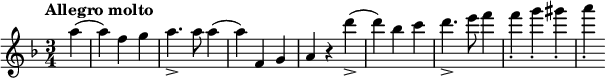 
\new Staff <<
  \set Staff.midiInstrument = #"violin"
  \relative c''{
  \clef treble
  \key d \minor
  \time 3/4
  \tempo "Allegro molto" \tempo 2. = 80
  \partial 4 a'4( 4) f  g a4._> 8 a4( 4) f, g a r d'4_>( 4) bes c d4._> e8 f4 4_. g_. gis_. a_.  
}
>>
