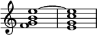 
{
    \override Score.TimeSignature #'stencil = ##f
    \relative c' {
        \time 4/4
        <f g b e~>1 <e g c e>
    }
}
