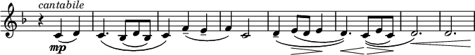 
\relative c' \new Staff \with { \remove "Time_signature_engraver" } {
 \key f \major \time 3/4 \tempo ""
 r4^\markup \italic cantabile c\mp ( d) c4.\( bes8( d bes) c4\) f--( e-- f) c2
 d4-- \( e8\> ( d e4\! d4.) \) \< c8( \> \( e c\! ) d2.\) \< d2.*5/6 s8\!
}
