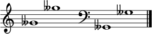 
\new Staff \with
{
  \omit TimeSignature
  fontSize = #2
  \override StaffSymbol.staff-space = #1.25
  \override StaffSymbol.thickness = #1.25
  \override Clef.full-size-change = ##t
  \override BarLine.hair-thickness = #2.4
  \override BarLine.thick-thickness = #7.5
  \override BarLine.kern = #3.75
  \override BarLine.transparent = ##t
}
{
  \time 18/8
  \clef treble
  s8
  geses'1 geses''
  s8
  \grace s8
  \clef bass
  \bar "|"
  s8
  geses,1 geses
  \override Staff.BarLine.transparent = ##f
  \bar "|."
}
