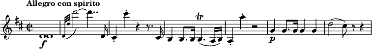 
\relative c' {
  \override Score.NonMusicalPaperColumn #'line-break-permission = ##f
  \version "2.18.2"
  \key d \major
  \time 2/2
  \tempo "Allegro con spirito"
  \tempo 4 = 120
  <<
    { d1\f | } \\
    { d1 | }
  >>
  \appoggiatura { d32[ d'] } d'2~ d4.. d,,16 |
  cis4-. cis''-. r r8. cis,,16 |
  b4 b8. b16 b4.\trill( a16 b) |
  a4-. a''-. r2 |
  g,4\p g8. g16 g4 g |
  d'2( cis8) r r4
}
