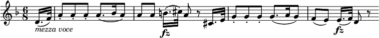  { \relative d' { \key d \minor \time 6/8
\partial 8 d16.( _\markup { \italic "mezza voce" } f32) | a8-. a-. a-. a8.( bes16 a8) |
a8[ a] b16.( \fz cis32) a8 r cis,16. e32) | g8-. g-. g-. g8.( a16 g8) | f8([ e)] e16.( \fz f32) d8 r
}} \layout { \context {\Score \override SpacingSpanner.common-shortest-duration = #(ly:make-moment 1/16) }}