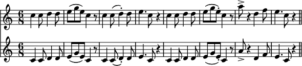 % 原圖：File:Pop Goes the Weasel updated.png
% 參考咗：https://archive.org/details/lowes-selection-of-popular-country-dances/page/15/mode/1up
S = \transpose c c' {
	\time 6/8 c4 c8 d4 d8 | e8([g e)] c4 r8 | c4 c8(d4-.) d8 | e4. c8 r4 |
	c4 c8 d4 d8 | e8([g e-.]) c4 r8 | a8-> r4 d4 f8 | e4. c8 r4 \bar "||"
}
\header { tagline = "" }
\score {
	\layout { indent = 0 line-width = 14.8\cm ragged-last = ##f }
	<<
		\new Staff \transpose c c' { \S }
		\new Staff { \S }
	>>
}
\score {
	\midi { \tempo 4 = 144 \context { \Score midiReverbLevel = 0.5 }}
	<<
		\new Staff {
			\set Staff.midiInstrument = #"piccolo"
			\transpose c c' \S
		}
		\new Staff { \S s4 } % dummy rest added to prevent abrupt cutoff
	>>
}
