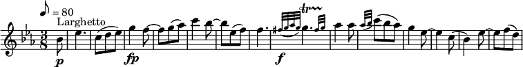 
\relative c'' {
  \version "2.18.2"
  \key ees \major
  \time 3/8
  \tempo 8 = 80
  \tempo "Largheto"
  \partial 8 bes8 \p^\markup {Larghetto} ees4. c8 (d ees)
  g4 \fp f8 ~ f g (aes) c4 bes8 ~ bes ees, (f)
  f4. \grace {fis32 \f (g aes g)} \afterGrace g4.\startTrillSpan { fis32 [ g] \stopTrillSpan }
  aes4 aes8 \grace {as32 (bes} c8) (bes aes) 
  g4 ees8 ~ ees4
  c8 (bes4) ees8  ~ ees f (d)
}
