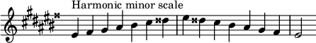  {
\override Score.TimeSignature #'stencil = ##f
\relative c' {
  \clef treble \key eis \minor \time 7/4
  eis4^\markup "Harmonic minor scale" fisis gis ais bis cis disis eis disis cis bis ais gis fisis eis2
} }
