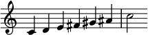 
{
\override Score.TimeSignature #'stencil = ##f
\relative c' {
  \clef treble
  \time 6/4 c4 d e fis gis ais c2
} }
