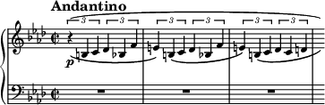 
\new PianoStaff <<
\new Staff = "Up" \with { \magnifyStaff #3/4 } <<
\new Voice \relative c' {
\clef treble
\key f \minor
\tempo "Andantino"
\set Score.tempoHideNote = ##t \tempo 4 = 100
\time 2/2
\tupletSpan 2
\tuplet 3/2 {r \p (_\(b c des bes f' e\) b _\(c des bes f' e\) b _\(c des c d} \hide r16 \))
}
>>
\new Staff = "Down" \with { \magnifyStaff #3/4 } <<
\new Voice \relative c{
\clef bass
\key f \minor
R1 R R s16
}
>>
>>
