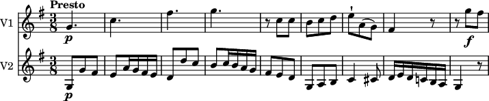 
<<
  \new Staff \with { instrumentName = #"V1 "}
  \relative c'' {
     \version "2.18.2"
     \key g \major
     \tempo "Presto"
     \tempo 4 = 120
     \time 3/8
   g4.\p c fis g
   r8 c, c
   b c d
   e-! a, (g)
   fis4 r8
    r8 g'\f fis
  }
  \new Staff \with { instrumentName = #"V2 "}
  \relative c'' {
    \key g \major
    \time 3/8
    g,8\p g' fis
    e a16 g fis e
    d8 d' c
    b c16 b a g
    fis8 e d
    g, a b
    c4 cis8
   d16 e d c! b a
   g4 r8
  }
>>
