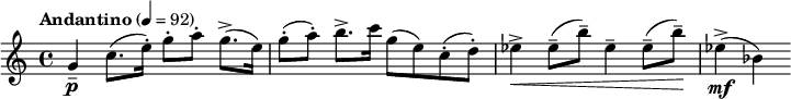  \relative c'' { \clef treble \time 4/4 \set Staff.midiInstrument = #"violin" \tempo "Andantino" 4=92 g4\p-- c8.( e16-.) g8-.[ a-.] g8.->( e16) | g8-.( a-.) b8.-> c16 g8( e) c-.( d-.) | ees4->\< ees8--( b'--) ees,4-- ees8--( b'--)\! | ees,4->\mf( bes) } 