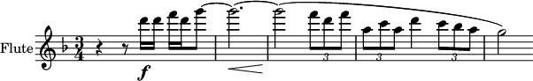 
{
  <<    
    \new Staff = "Flute" \with {
      instrumentName = "Flute"
    }
    {
      \set Staff.midiInstrument = #"flute"
      \clef treble
      \key d \minor
      \time 3/4
      \relative c {
        r4 r8 d'''16 \f d f d g8~ |
        g2. ~\< |
        g2\!( \tuplet 3/2 {f8[ d f] } | 
        \tuplet 3/2 { a, c a } d4 \tuplet 3/2 { c8[ bes a] } |
        g2)
      }
    }
  >>
}
