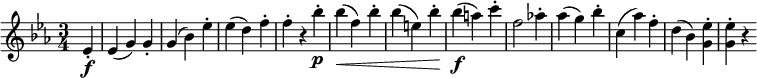  { \relative es' { \key es \major \time 3/4
\partial 4 es4-. \f | es4( g) g-. | g4( bes) es-. | es4( d) f-. | f4-. r bes-. \p |
bes4( \< f) bes-. | bes4( e,) bes'-. | bes4( \f a) c-. f,2 as!4-. |
as4( g) bes-. | c,4( as') f-. | d4( bes) <es g,>-. | <es g,>4-. r}} 