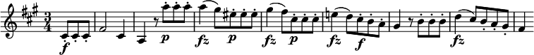  { \relative cis' { \key fis \minor \time 3/4
\partial 4. cis8-. \f cis-. cis-. | fis2 cis4 | a4 r8 a''8-. \p a-. a-. |
a4( \fz gis8) eis-. \p eis-. eis-. | gis4( \fz fis8) cis-. \p cis-. cis-. |
e!4( \fz d8) cis-. \f b-. a-. | gis4 r8 b-. b-. b-. | d4( \fz cis8) b-. a-. gis-. | fis4}} 