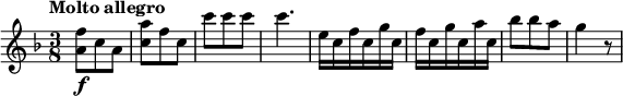 
\relative c'' {
  \version "2.18.2"
  \tempo "Molto allegro"
  \key f \major
  \time 3/8
   \tempo 4 = 170
  < a f'>8\f c a
  < c a'>8 f c
  c' c c c4.
  e,16 c f c g' c,
  f c g' c, a' c,
  bes'8 bes a
  g4 r8
}
