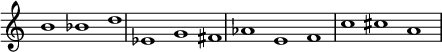 
{
\override Score.TimeSignature
#'stencil = ##f
\override Score.SpacingSpanner.strict-note-spacing = ##t
  \set Score.proportionalNotationDuration = #(ly:make-moment 3/2)
    \relative c'' {
        \time 3/1
        \set Score.tempoHideNote = ##t \tempo 1 = 60
        b1 bes d
        es, g fis
        aes e f
        c' cis a
    }
}
