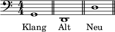 
  \relative c { \clef bass \numericTimeSignature \time 4/4 \key c \major \bar "|:" g1 \bar "||" d \bar "||" d'  \bar "||" }
\addlyrics {Klang Alt Neu}
