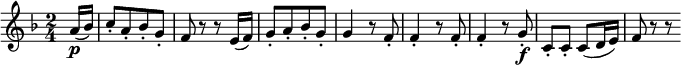  { \relative a' { \key f \major \time 2/4
\partial 8 a16( \p bes) | c8-.[ a-. bes-. g-.] | f8 r r e16( f) | g8-.[ a-. bes-. g-.] |
g4 r8 f-. | f4-. r 8 f-. | f4-. r 8 g-. \f | c,8-. c-. c( d16 e) | f8 r r
}}