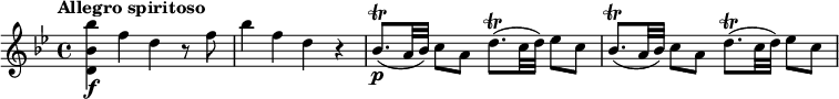 
\relative c''' {
 \override Score.NonMusicalPaperColumn #'line-break-permission = ##f
 \tempo "Allegro spiritoso"
 \key bes \major
 <bes bes, d,>4\f f d r8 f |
 bes4 f d r |
 bes8.\trill\p(a32 bes) c8 a d8.\trill(c32 d) es8 c |
 bes8.\trill(a32 bes) c8 a d8.\trill(c32 d) es8 c |
}
