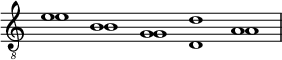 \new Staff \with {\remove "Time_signature_engraver"}{\time 5/1\clef "G_8" { << {e'1 b g d' a} \\ {e' b g d a} >>}}