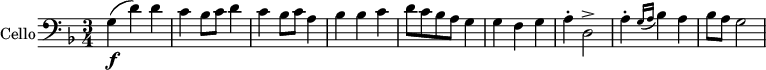 
{
  <<    
    \new Staff = "Cello" \with {
      instrumentName = "Cello"
    }
    {
      \set Score.tempoHideNote = ##t  \tempo 2 = 60
      \set Staff.midiInstrument = #"String ensemble 1"
      \clef bass
      \key d \minor
      \time 3/4
      \relative c {
        \tempo "con ritmo elastico"
        (g'4\f  d')  d  |
        c bes8 c d4 |
        c bes8 c a4 )|
        bes4 bes c |
        d8 c bes a g4 |
        g4 f g |
        a4-\staccato d,2-\accent |
        a'4-\staccato \grace { (g16 a } bes4) a |
        bes8 a g2 |
      }
    }
  >>
}
