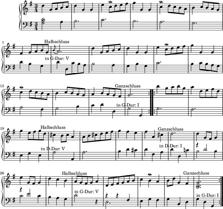 
\version "2.14.2"
\header {
  tagline = ##f
}
upper = \relative c'' {
  \clef treble
  \key g \major
  \time 3/4
  \tempo 2 = 72
  %\autoBeamOff

\repeat volta 2 { d4 g,8 a b c | d4 g, g | e' c8\mordent d e fis | g4 g, g | c\mordent d8 c b a | b4 c8 b a g  \break | fis4 g8 a b g | \grace b8(a2.)^\markup {\center-align "Halbschluss"} d4 g,8 a b c | d4 g, g | e' c8\mordent d e fis | g4 g, g \break | c\mordent d8 c b a | b4 c8 b a g | a4 b8 a g fis | g2.^\markup {\center-align "Ganzschluss"} }

\repeat volta 2 {
b'4 g8 a b g | a4 d,8 e fis d \break | g4 e8 fis g d | cis4^\markup {\center-align "Halbschluss"} b8 cis a4 | a8 b cis d e fis | g4 fis e | fis a, cis | d2.^\markup {\center-align "Ganzschluss"} |
d4 g,8 fis g4 \break | e' g,8 fis g4 | d' c b | a8^\markup {\center-align "Halbschluss"} g fis g a4 | d,8 e fis g a b | c4 b\mordent a | b8 d g,4 fis | <b, d g>2.^\markup {\center-align "Ganzschluss"} }
}
lower = \relative c' {
  \clef bass
  \key g \major
  \time 3/4

    < g b d >2 a4 | b2. c2. b2. a2. g2. | d'4 b g | d'^\markup {\center-align "in G-Dur: V"} d,8 c' b a
    b2 a4 | g b g c2. b4 c8 b a g a2 fis4 | g2 b4 | c d d, g2^\markup {\center-align "in G-Dur: I"} g,4
    g'2. fis e4 g e a2^\markup {\center-align "in D-Dur: V"} a,4 a'2. b4 d cis d fis, a d^\markup {\center-align "in D-Dur: I"} d, c'!
       <<
         {
           \voiceOne
           r4 d2 r4 e2
         }
         \new Voice {
           \voiceTwo
           b2 b4 c2 c4
         }
       >>
    \oneVoice
    b a g d'2^"in G-Dur: V" r4

     <<
         {
           \voiceOne
           r4 r fis,
         }
         \new Voice {
           \voiceTwo
           d2.
         }
       >>
    \oneVoice
    e4 g fis g b, d g^\markup {"in G-Dur: I"} d g,
}

\score {
  \new PianoStaff <<
    \new Staff = "upper" \upper
    \new Staff = "lower" \lower
  >>
  \layout {
    \context {
      \Score
      \remove "Metronome_mark_engraver"
    }
  }
  \midi { }
}
