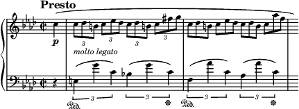 
\new PianoStaff <<
\new Staff = "Up" \with { \magnifyStaff #3/4 } <<
\new Voice \relative c' {
\clef treble
\tempo "Presto"
\set Score.tempoHideNote = ##t \tempo 2 = 112

\key f \minor
\time 2/2
\partial 4
\override TupletBracket.bracket-visibility = #'if-no-beam
\tupletSpan 4
c'4 \p (\tuplet 3/2 {c8_\markup{\italic molto \italic legato} [des b] c ees des c [des b!] c fis g}
\omit TupletNumber
\tuplet 3/2 {c, [des b] c ees des c [des b] c aes' f} \hide r16)
}
>>
\new Staff = "Down" \with { \magnifyStaff #3/4 } <<
\new Voice \relative c{
\clef bass
\key f \minor
\tupletSpan 2
r4 \tuplet 3/2 {e \sustainOn (g' c,) bes! (g' c, \sustainOff) f, \sustainOn (aes' c,) aes (aes' c, \sustainOff)} s16
}
>>
>>
