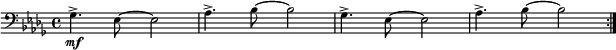 
\new Staff \with { midiInstrument = "electric bass (pick)" \magnifyStaff #5/7 }
\transpose a bes {
  \relative a {
    \clef bass
    \set Score.tempoHideNote = ##t
    \key a \minor
    \time 4/4
    \tempo 4 = 120
    \repeat volta 2
    { f4.->\mf d8 ~ d2 g4.-> a8 ~ a2 f4.-> d8 ~ d2 g4.-> a8 ~ a2 }
  }
}
\layout {
    \context {
      \Score
      \override SpacingSpanner.base-shortest-duration = #(ly:make-moment 1/128)
    }
  }
