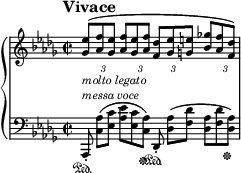 
\new PianoStaff <<
\new Staff = "Up" \with { \magnifyStaff #3/4 } <<
\new Voice \relative c' {
\clef treble
\key des \major
\tempo "Vivace"
\set Score.tempoHideNote = ##t \tempo 2 = 69

\time 2/2
\tupletSpan 4
\stemUp
\override TupletNumber.Y-offset = #-3
\override TupletNumber.X-offset = #3
\tuplet 3/2 {<ges' ees'>8_\markup{\italic molto \italic legato}^([<aes f'> <ges ees'>] <aes f'> <ges ees'> <aes f'> <f des'> [<ges ees'> <g e'>] <bes ges'!> <aes f'> <f des'>)}
}
>>
\new Staff = "Down" \with { \magnifyStaff #3/4 } <<
\new Voice \relative c{
\clef bass
\key des \major
\omit TupletNumber
\omit TupletBracket
\tuplet 3/2 {aes,8-.^\markup{\italic messa \italic voce} \sustainOn <c' aes'> ([<ees c'>] <aes ees'> <ees c'> <c aes'> \sustainOff) des,-. \sustainOn <des' aes'> ([<f des'>] <des aes'> <f des'> <des aes'> \sustainOff)}
}
>>
>>
