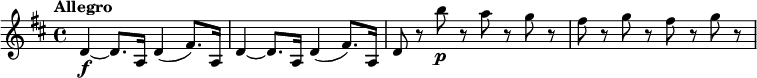 
\relative c' {
 \key d \major
 \tempo "Allegro"
 d4~\f d8. a16 d4(fis8.) a,16 |
 d4~ d8. a16 d4(fis8.) a,16 |
 d8 r b''\p r a r g r |
 fis8 r g r fis r g r |
}
