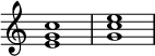 
{
\override Score.TimeSignature #'stencil = ##f
\relative c' {
   \clef treble
   \time 4/4
   \key c \major
   <e g c>1
   <g c e>
} }
