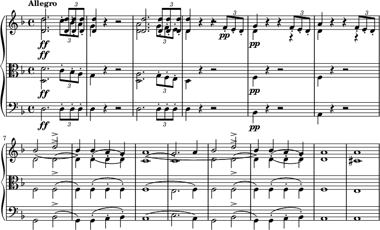 
    { \new PianoStaff <<
        \new Staff <<
  \set Staff.midiInstrument = #"violin"
  \tempo "Allegro"
  \tempo 4 = 140
  \key d \minor
  \time 4/4
  \new Voice \relative c' {
    \stemUp
    <d d'>2. _\ff \times 2/3 {q8-. q-. q-.}
    q4 r r2 q2. \times 2/3 {q8-. q-. q-.}
    q4 r r \times 2/3 {f8-. _\pp e-. d-.}
    g4 r r \times 2/3 {f8-. e-. d-.}
    a'4 r r \times 2/3 {f8-. e-. d-.}
    bes'2 ( d^>
    bes4) bes-.( a-. g-.)
    a1(
    g2. a4
    bes2 ( d^>
    bes4) bes-.( a-. g-.)
    a1
    a
  }
  \new Voice \relative c' {
    \stemDown
    <d d'>2. _\ff \times 2/3 {c'8-. bes-. a-.}
    g4 r r2
    <d a'>2. \times 2/3 {g8-. f-. e-.}
    d4 r r2
    d4 _\pp r r r
    d r r r
    d2 d^>(
    d4) d-.( d-. d-.)
    c1(
    c)
    d2 d^>(
    d4) d-.( d-. d-.)
    d1
    cis
  }
>>
        \new Staff <<
  \set Staff.midiInstrument = #"viola"
  \tempo "Allegro"
  \tempo 4 = 140
  \clef alto
  \key d \minor
  \time 4/4
  \new Voice \relative c {
    \stemDown
    <d d'>2. _\ff \times 2/3 {c'8-. bes-. a-.}
    g4 r r2
    <d a'>2. \times 2/3 {g8-. f-. e-.}
    d4 r r2
    f4 _\pp r r2
    f4 r r2
    f2 f^>(
    f4) f-.( f-. f-.)
    f1(
    e2. f4)
    f2 f^>(
    f4) f-.( f-. f-.)
    f1
    e
  }
>>
        \new Staff <<
  \set Staff.midiInstrument = #"cello"
  \tempo "Allegro"
  \tempo 4 = 140
  \clef bass
  \key d \minor
  \time 4/4
  \new Voice \relative c {
    \stemDown
    d2. _\ff \times 2/3 {d8-. d-. d-.}
    d4 r r2
    d2. \times 2/3 {d8-. d-. d-.}
    d4 r r2
    bes4 _\pp r r2
    a4 r r2
    g2 bes^>(
    g4) g-.( a-. bes-.)
    a1(
    c2. a4)
    g2 bes^>(
    g4) g-.( a-. bes-.)
    a1
    a
  }
>>
>>
}
