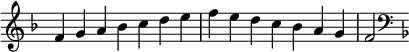   {
\omit Score.TimeSignature \relative c' {
  \key f \major \time 7/4 f g a bes c d e f e d c bes a g f2
  \clef F \key f \major
} }
