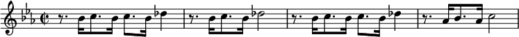 {\key es \major\time 2/2 r8. bes'16 c''8. bes'16 c''8. bes'16 des''4 r8. bes'16 c''8. bes'16 des''2 r8. bes'16 c''8. bes'16 c''8. bes'16 des''4 r8. as'16 bes'8. as'16 c''2  }