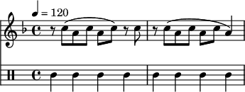 
<<
  \new Staff {
    \set Staff.midiInstrument = #"clarinet"
    \tempo 4 = 120
    \relative c' {
      \time 4/4
      \key f \major
      r8 c'8( a8 c8 a8 c8) r8 c8 r8 c8( a8 c8 a8 c8 a4)
    }
  }
  \drums {
    ssl4 4 4 4 4 4 4 4
  }
>>
