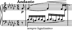 
\new PianoStaff <<
\new Staff = "Up" \with { \magnifyStaff #3/4 } <<
\new Voice \relative c' {
\clef treble
\tempo "Andante"
\set Score.tempoHideNote = ##t \tempo 4. = 60

\time 6/8
\key ees \minor
\partial 8
ges'8 \p \dynamicUp ges4.^(~ges4 \< f16 ees \! \hide r)
}
>>
\new Staff = "Down" \with { \magnifyStaff #3/4 } <<
\new Voice \relative c{
\clef bass
\key ees \minor
\stemUp
r8 bes'16_(ces a ces bes ges bes ces aes ces bes \change Staff = "Up" \stemDown ees) s
}
\new Voice \relative c{
\clef bass
s8 ees2._\markup{\italic sempre \italic legatissimo}
}
>>
>>
