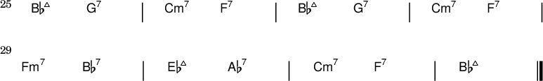 
{
\new ChordNames \with {
  \override BarLine #'bar-extent = #'(-2 . 2)
  \consists "Bar_engraver"
}
\chordmode {
  \override Score.BarNumber.font-size = #0
  \override Score.BarNumber.stencil= #(make-stencil-boxer 0.1 0.25 ly:text-interface::print)
  \set Score.barNumberVisibility = #all-bar-numbers-visible
  \set Score.currentBarNumber = #25
  \bar ""
  bes2:maj7 g:7 | c:m7 f:7 | bes:maj7 g:7 | c:m7 f:7 |
\break
f:m7 bes:7 | es:maj7 aes:7 | c:m7 f:7 | bes1:maj7 \bar "|."
} }
