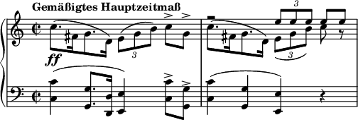 
{ \new PianoStaff <<
  \new Staff <<
    \set Score.tempoHideNote = ##t \new Voice \tempo "Gemäßigtes Hauptzeitmaß" 2 = 40 \relative e'' {
  \clef "treble" \key c \major \stemUp \time 2/2 | % 1
  s1 \ff | % 2
  r2 \once \override TupletBracket #'stencil = ##f
  \times 2/3  {
    e8 e8 e8
  }
  e8\noBeam [e8] }
  \relative c'' {
  \clef "treble" \key c \major \stemDown \time 2/2 | % 1
  c8. ( fis,16 g8. d16
  ) \once \override TupletBracket #'stencil = ##f
  \times 2/3  {
    e8 ( g8 b8 )
  }
  c8\noBeam [-> g8] -> | % 2
  c8. ( fis,16 g8. d16 ) \once \override TupletBracket #'stencil = ##f
  \times 2/3  {
    e8 _( g8 b8 )
  }
  c8\noBeam r8
  } >>
\new Staff \relative c { \set Staff.midiInstrument = #"piano" \key c \major \clef bass \time 2/2
  \clef "bass" \key a \major \time 2/2 <c c'>4 ( <g g'>8. <d d'>16 <e
  e'>4 ) <c' c'>8 -> <g g'>8 -> | % 2
  <c c'>4 ( <g g'>4 <e e'>4 ) r4 }
>> }
